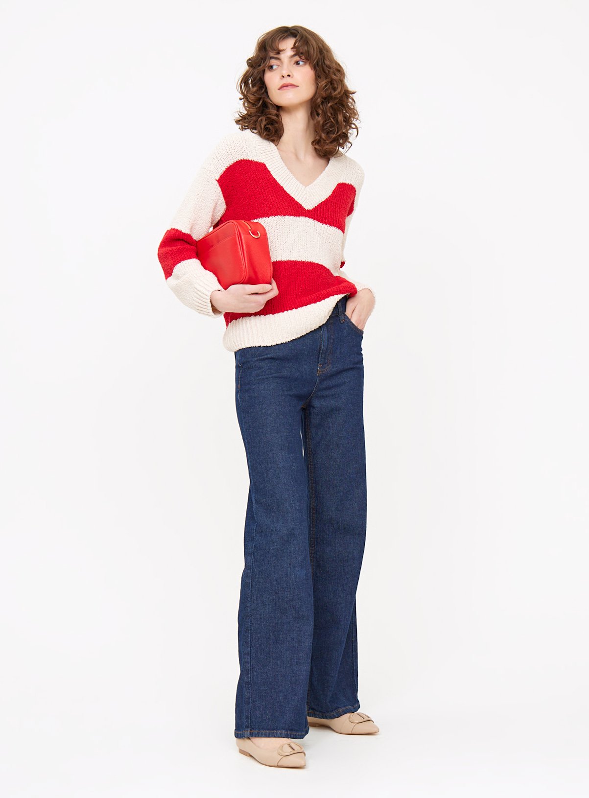 Red Stripe V Neck Boucle Knitted Jumper 10 - Image 2 thumbnail